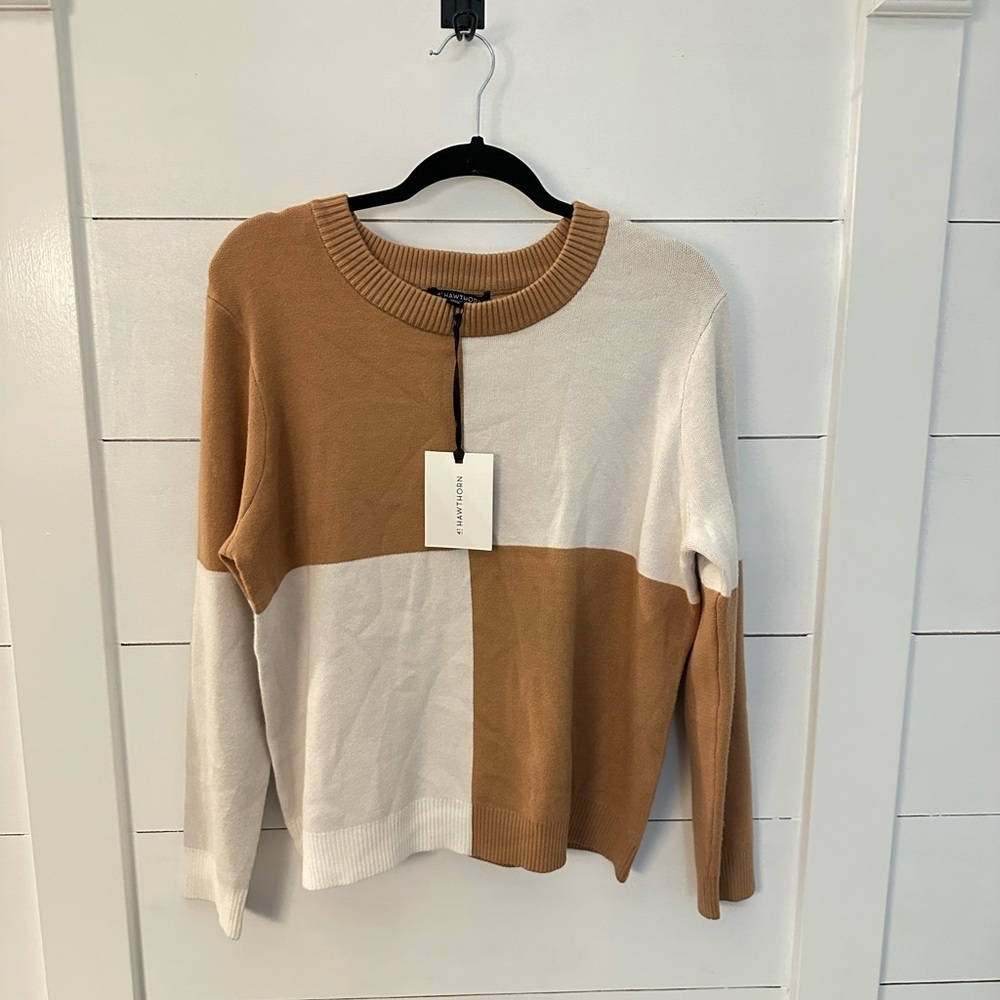 NWT 41 HAWHTHORN XL Tan-white checkered woman softcore cozy quiet luxury sweater
